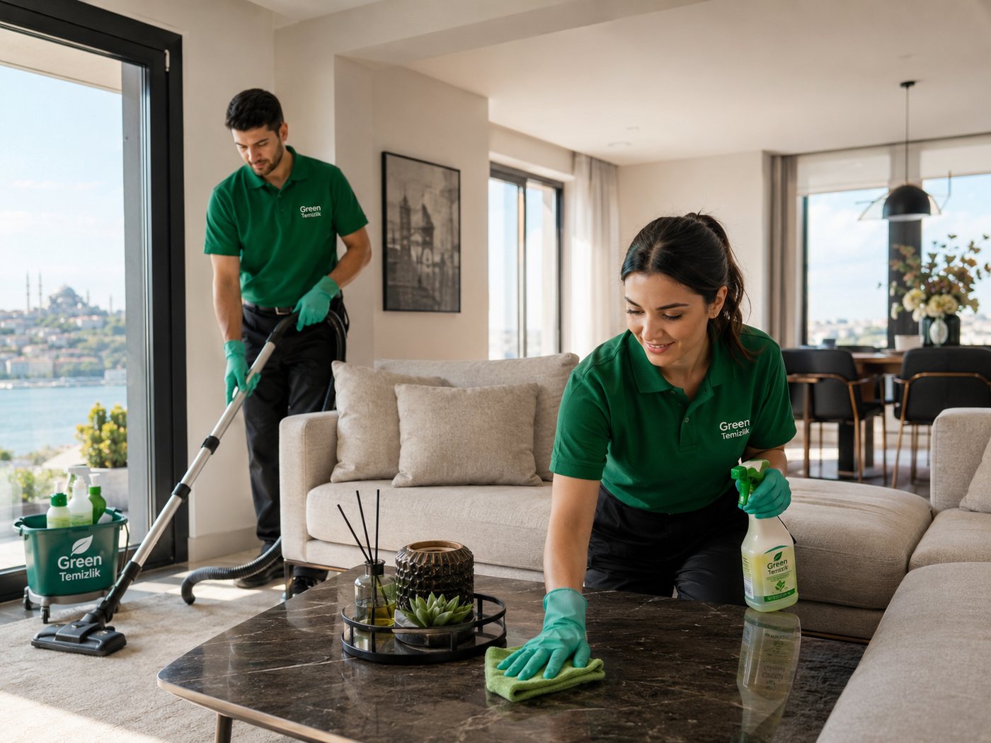 Green Temizlik ekibi bir evde temizlik yaparken
