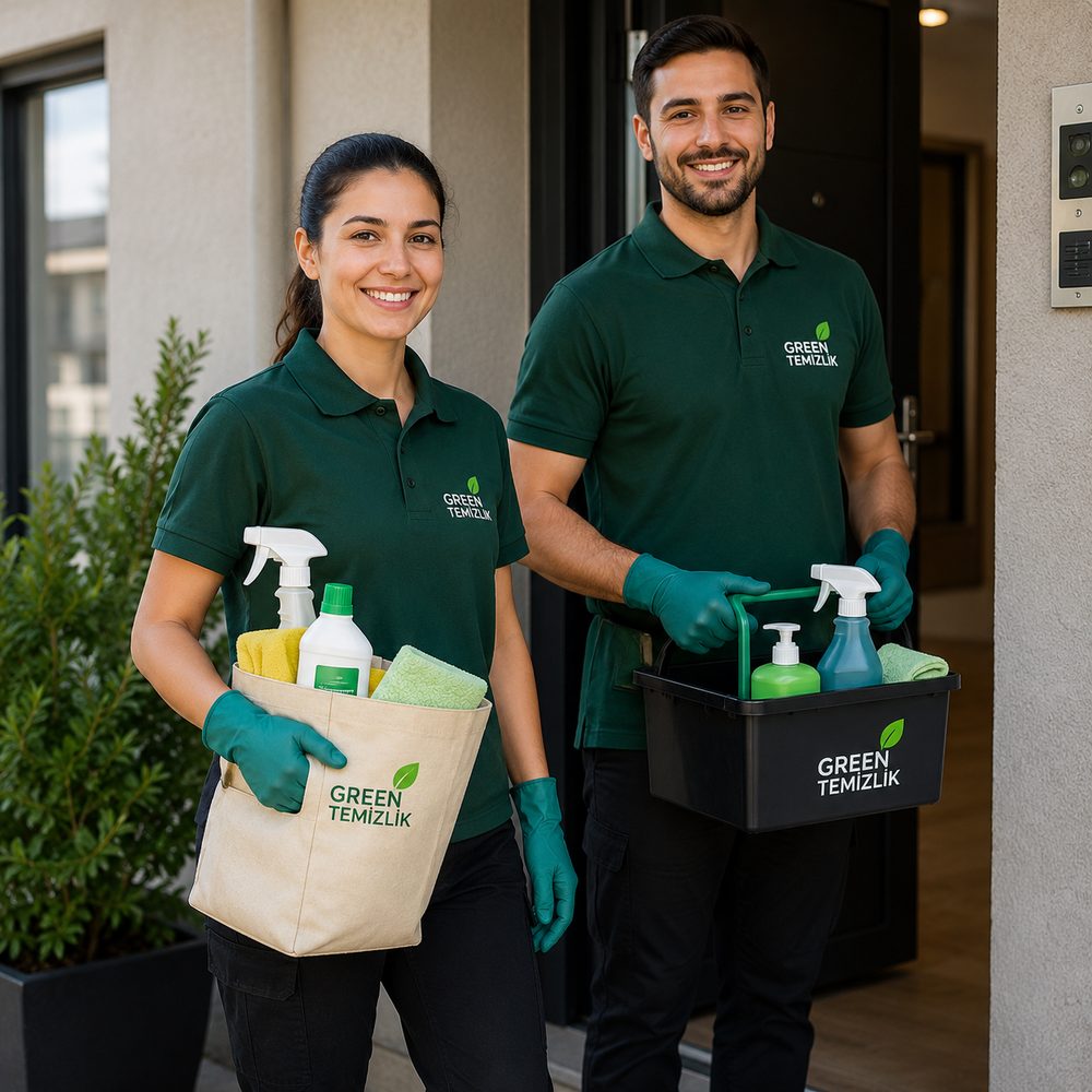 Green Temizlik ekibi kapıda müşteriyi karşılarken